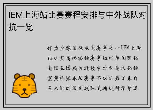 IEM上海站比赛赛程安排与中外战队对抗一览