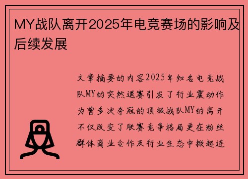 MY战队离开2025年电竞赛场的影响及后续发展